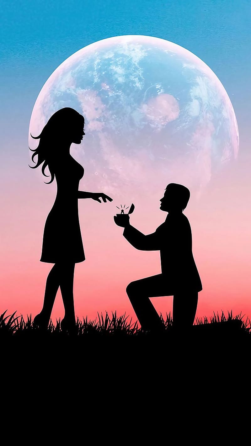 Romantic, Silhouette Couple Standing In Front Of The Moon, silhouette ...