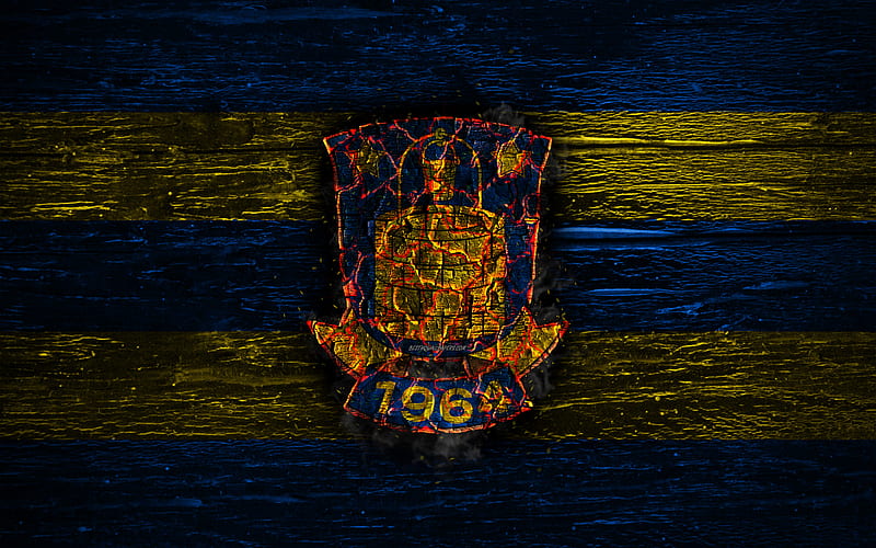 Brondby FC, fire logo, Danish Superliga, blue and yellow lines, Danish football club, Brondby IF, grunge, football, soccer, Brondby logo, wooden texture, Denmark, HD wallpaper