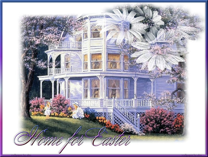 Home for Easter, victorian, mom, home, flowers, child, easter, HD wallpaper