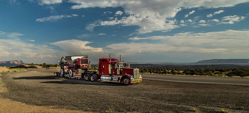 oversized load, trailer, rig, harvester, truck, HD wallpaper