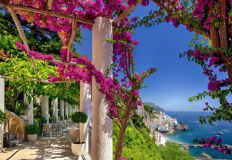 Amalfi coast, pretty, shore, bonito, sea, beach, amalfi, destination, rest, vacation, lovely, view, houses, town, spring, sky, summer, glowers, coast, HD wallpaper