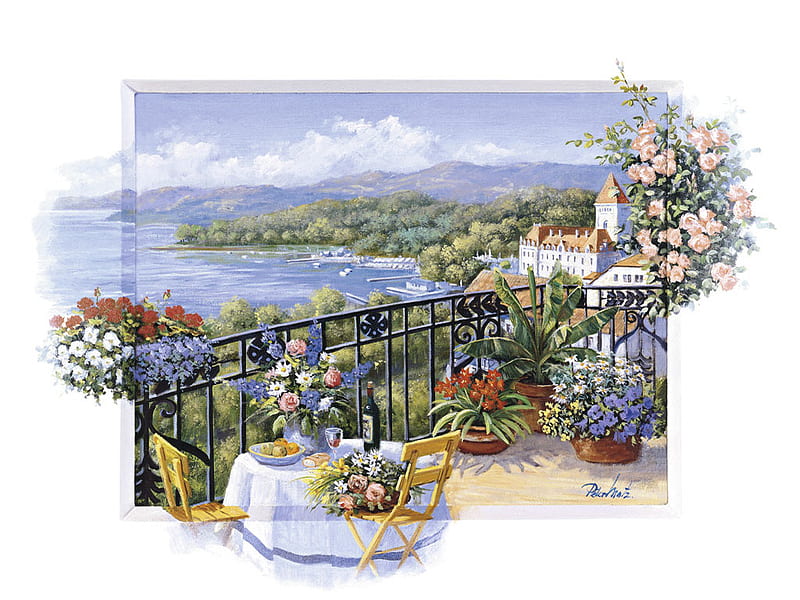 Unforgettable Prospect 2, peter motz, patio, art, lake, artwork, water, motz, table and chairs, painting, flowers, scenery, landscape, HD wallpaper