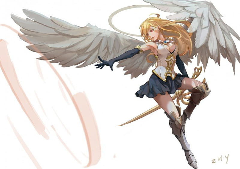 Angel, dress, blond cg, wing, blade, anime, feather, hot, anime girl, weapon, long hair, female, wings, blonde, blonde hair, sexy, blond hair, plain, sowrd, girl, simple, white, HD wallpaper