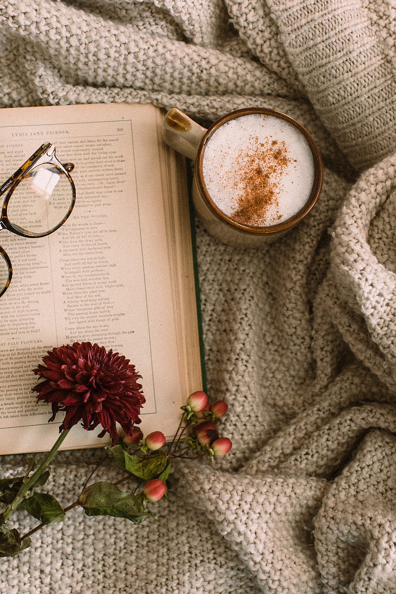 cappuccino, coffee, mug, book, flowers, glasses, HD phone wallpaper