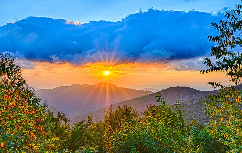 Appalachian Mountains Sunset, hills, autumn, mountains, sunset, trees, clouds, sky, HD wallpaper