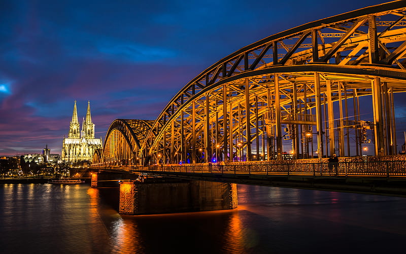 Night Hohenzollern Bridge Rhine Cologne Germany, HD wallpaper