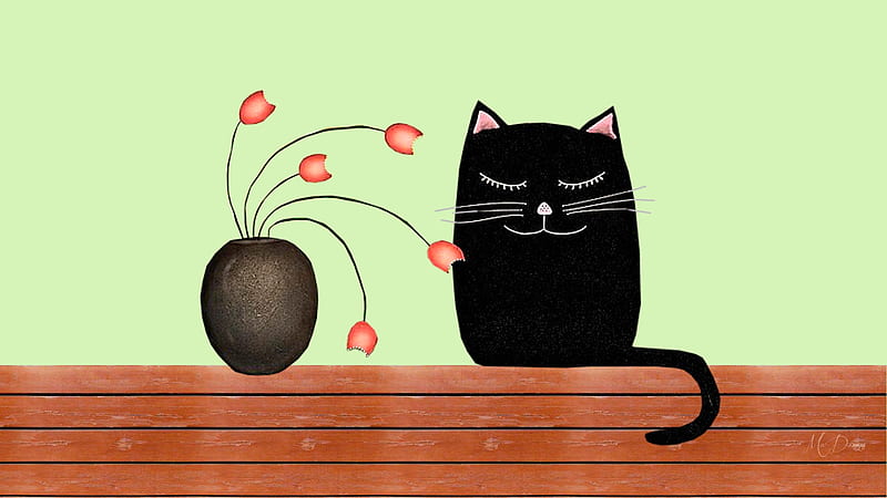 Cat on a Shelf, mint green, spirng, shelf, vase, cute, bouquet, black cat, summer, cartoion, flowers, Firefox Persona theme, wood, HD wallpaper
