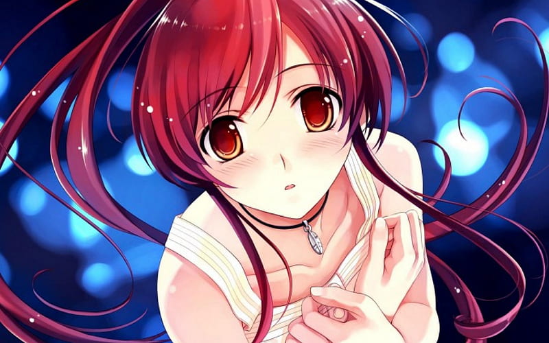 What Hurts!!!, looking at the cemra, dress, cue, cross hands, blush, whta hurts, red hair, ponytail, neacklece red eyes, HD wallpaper
