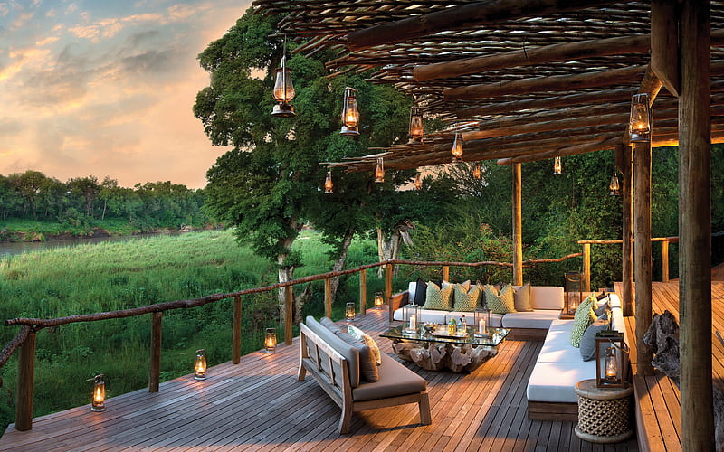 Lion Sands, River Lodge, terrace, luxury hotels, Kruger National Park, South Africa, HD wallpaper