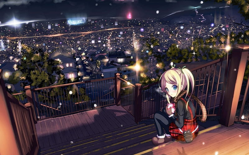 anime girl, cute, pretty, city, girl, anime, lights, HD wallpaper