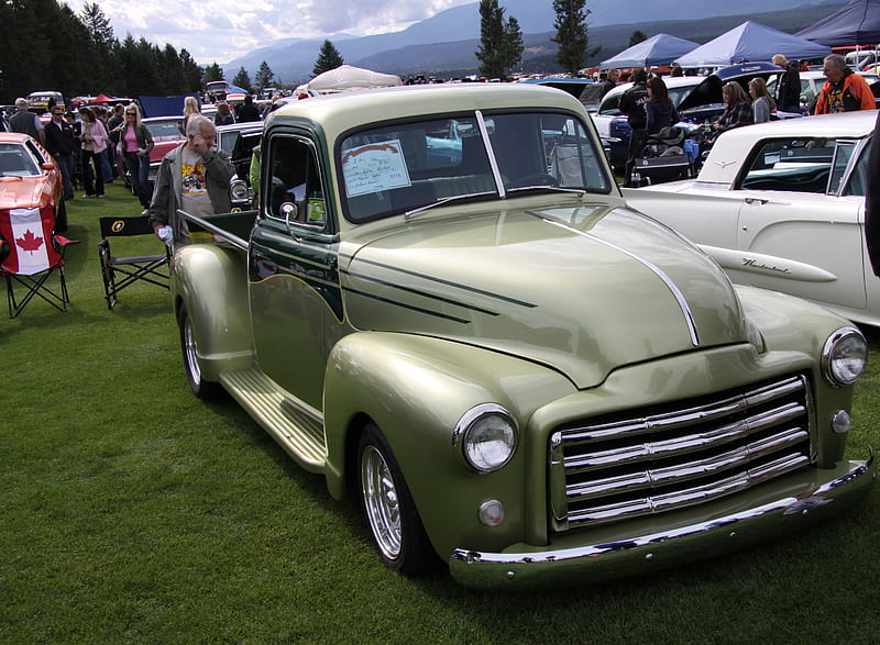 GMC truck 1951 in Radium Hot Springs car show 31 , red, tent, GMC, trees, silver, nickel, green, mountains, pick up, graphy, tire, white, HD wallpaper