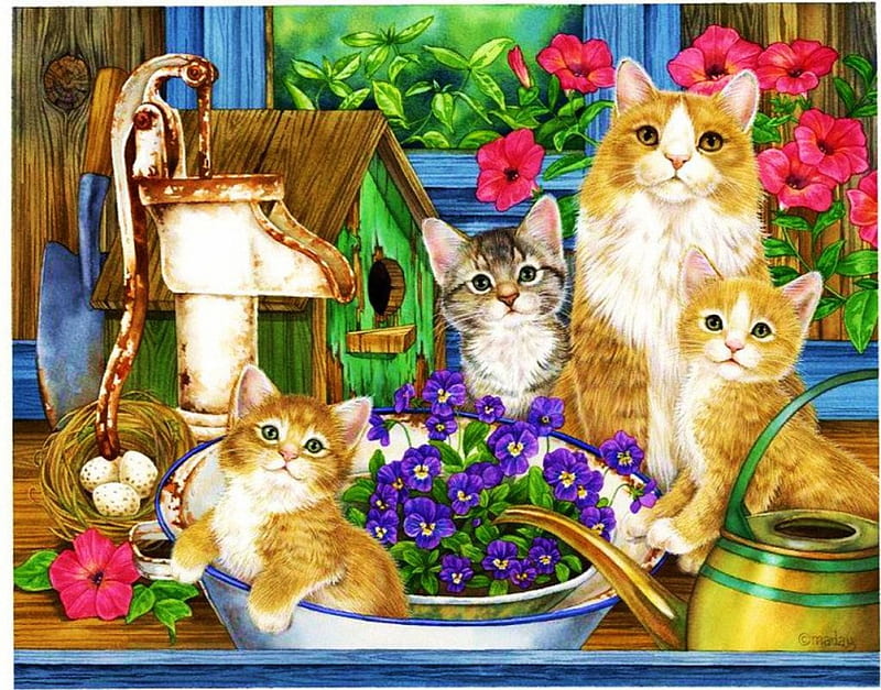 Kitties in Garden, flowers, blossoms, kitten, artwork, pump, HD wallpaper
