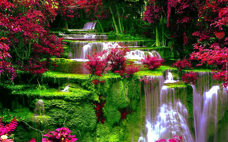 beautiful waterfall, red, graphy, green, flowers, beauty, nature, forests, waterfalls, HD wallpaper