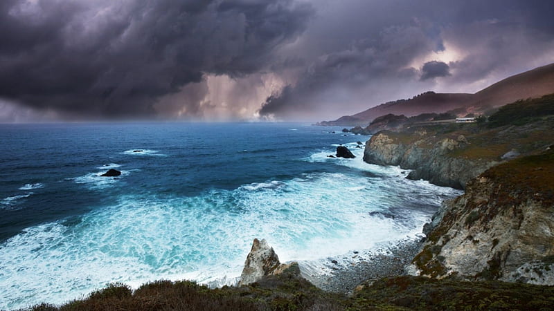 storm clouds over a rugged seacoast, rocks, surf, waves, clouds, storm, coast, sea, HD wallpaper
