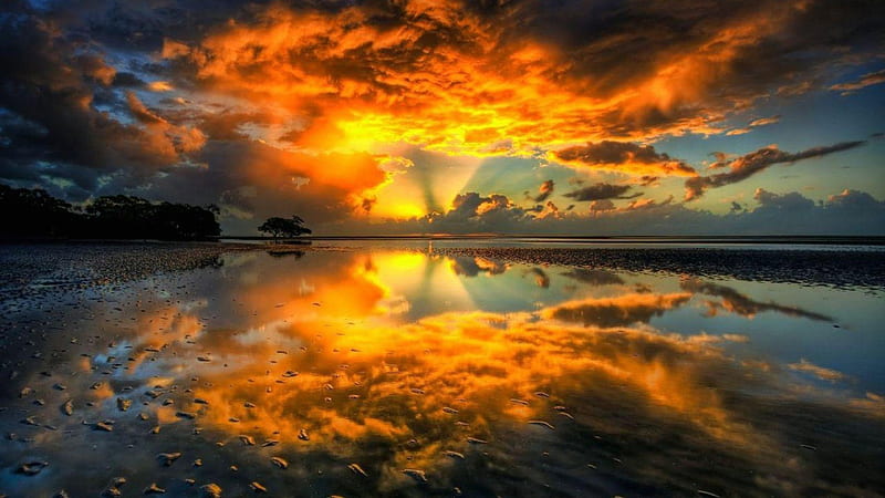 Beach_Sunset, 1920x1080, fiery, twilight, beach, sunsets, shadows, nature, reflection, spectacular, HD wallpaper