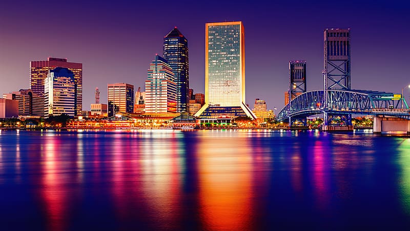 Cities, Water, Sunset, Skyscraper, Building, Bridge, Colors, Colorful, Cityscape, Florida, Jacksonville, HD wallpaper