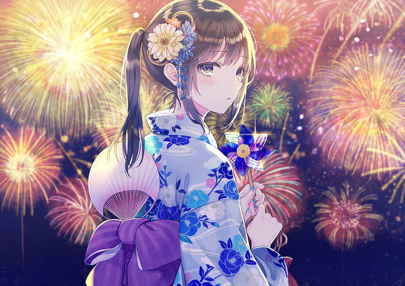 anime festival, anime girl, fireworks, kimono, brown hair, Anime, HD wallpaper