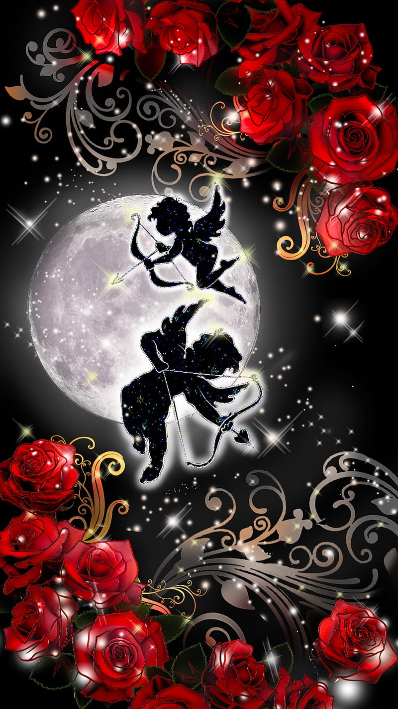 Midnight love, cupid, moon, rose, HD phone wallpaper