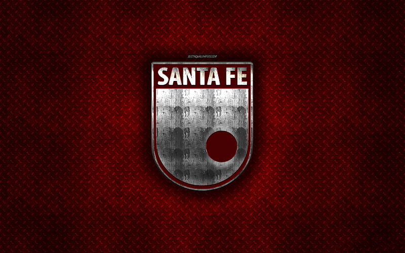Santa Fe, Colombian football club, red metal texture, metal logo, emblem, Bogota, Colombia, Liga Aguila, creative art, football, Independiente Santa Fe SA, HD wallpaper