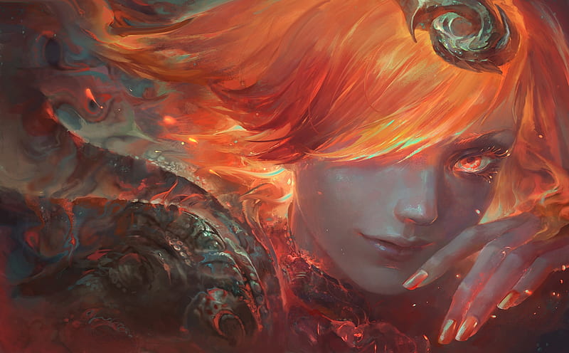 Lux Lady of Fire, frumusete, lux, luminos, orange, redhead, game, league of legends, fire, fantasy, girl, face, HD wallpaper