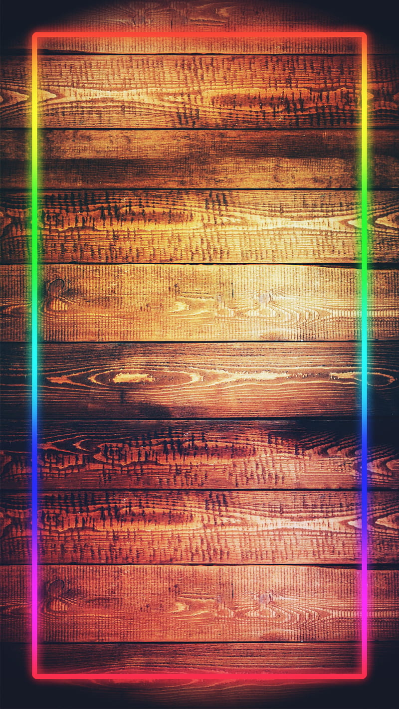Neon Frame, apple, colorful, edge, galaxy, iphone, madera, samsung, wood, wooden, HD phone wallpaper