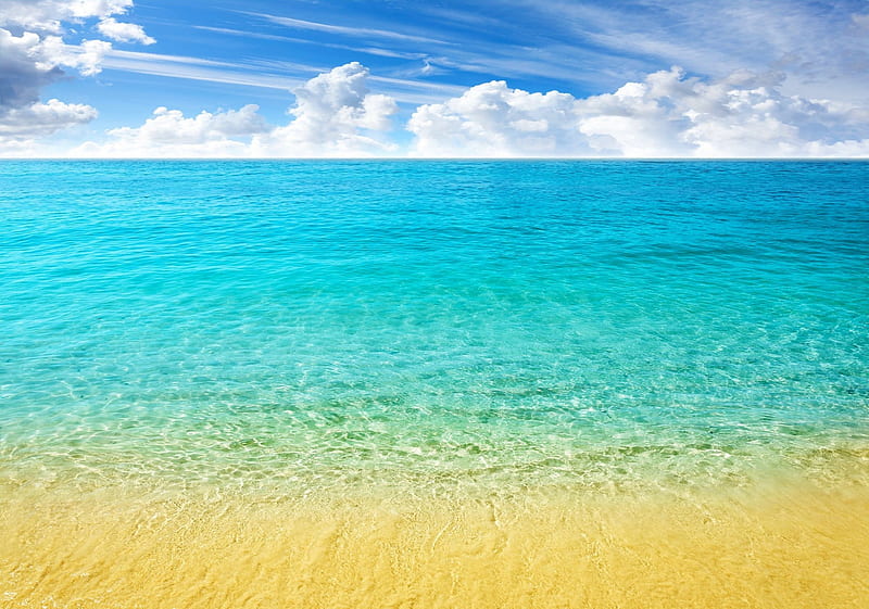Pristine Caribbean Beach, horizon, travel, bonito, clouds, sea, beach, turquoise, sand, paradise, summer, vacations, crystalline, tropical, HD wallpaper