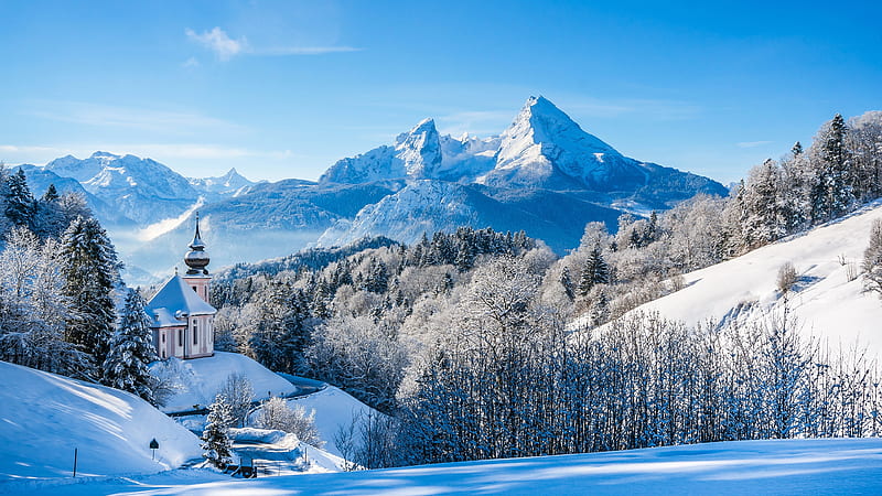 Bavarian Alps, snow, church, mountains, winter, landscape, HD wallpaper