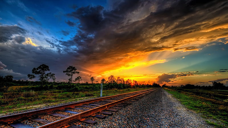wonderful sunset on train tracks r, r, sunset, trees, tracks, gravel, HD wallpaper