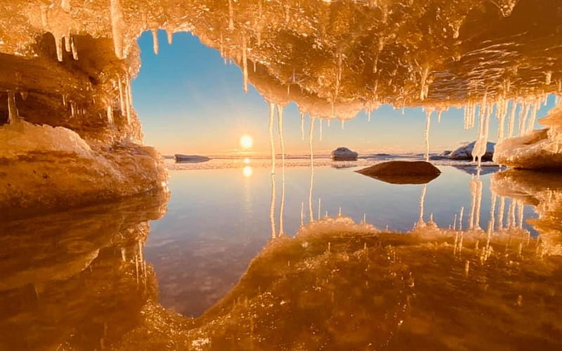 Icy Grotto by Sea, winter, sea, sun, Latvia, ice, grotto, HD wallpaper