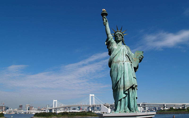 Statue of Liberty, liberty, New York, statue, bridge, sky, HD wallpaper