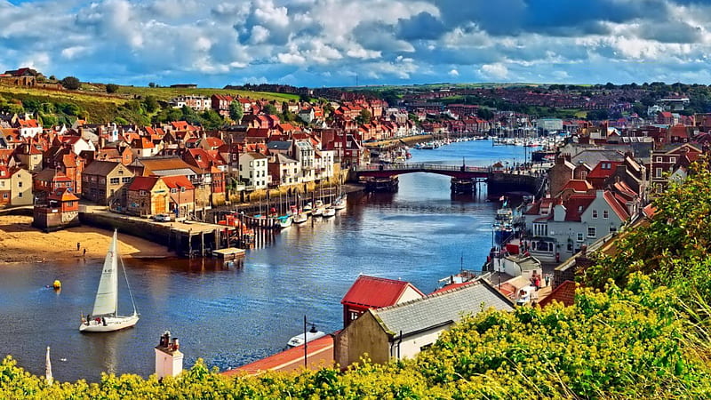 wonderful town harbor, boats, town, sky, harbor, brdge, HD wallpaper