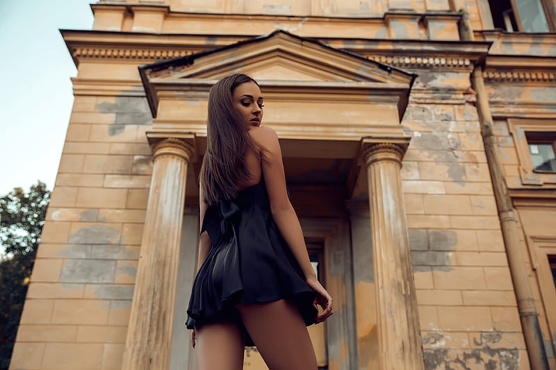 Black Clothing Girl Looking Back , black-dress, girls, model, HD wallpaper