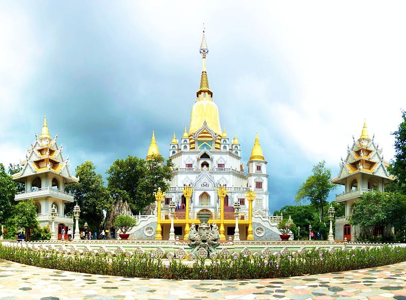 Buu Long Temple, Ho Chi Minh City, Vietnam, building, trees, clouds, sky, asia, old, HD wallpaper