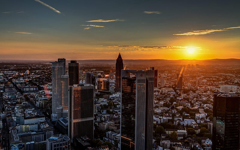 Frankfurt am Main, sunset, skyline cityscapes, modern buildings, german cities, Europe, summer, Germany, Cities of Germany, Frankfurt am Main Germany, cityscapes, HD wallpaper