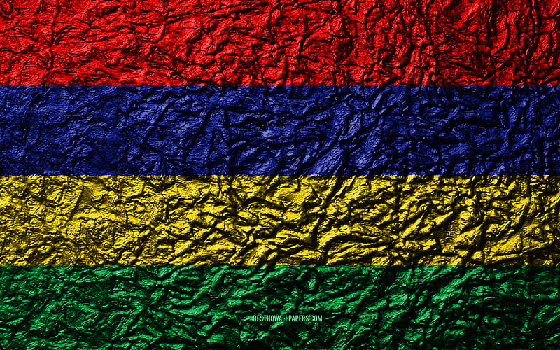 Flag of Mauritius stone texture, waves texture, Mauritius flag, national symbol, Mauritius, Africa, stone background, HD wallpaper