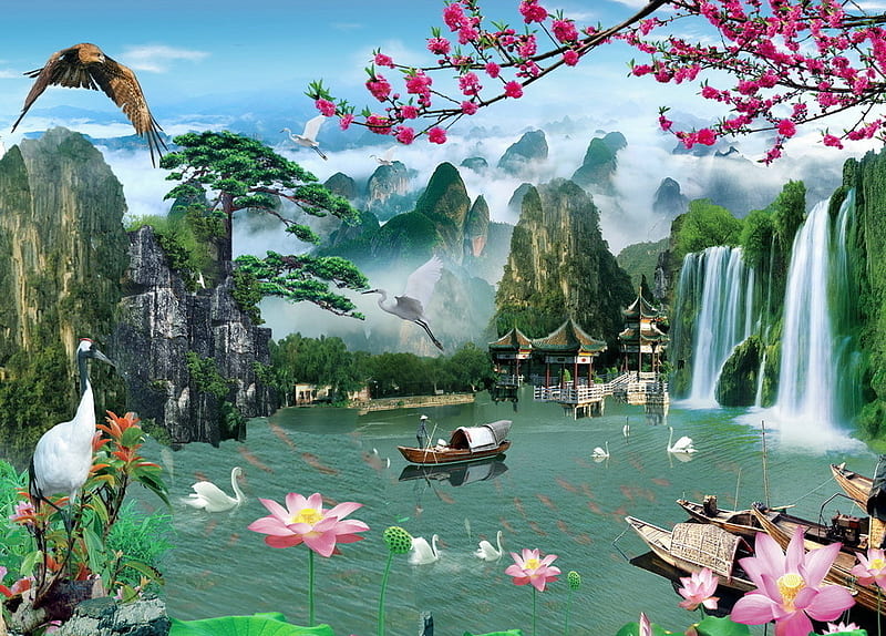 landscape, water, flowers, waterfall, muntains, spring, lake, animals, HD wallpaper