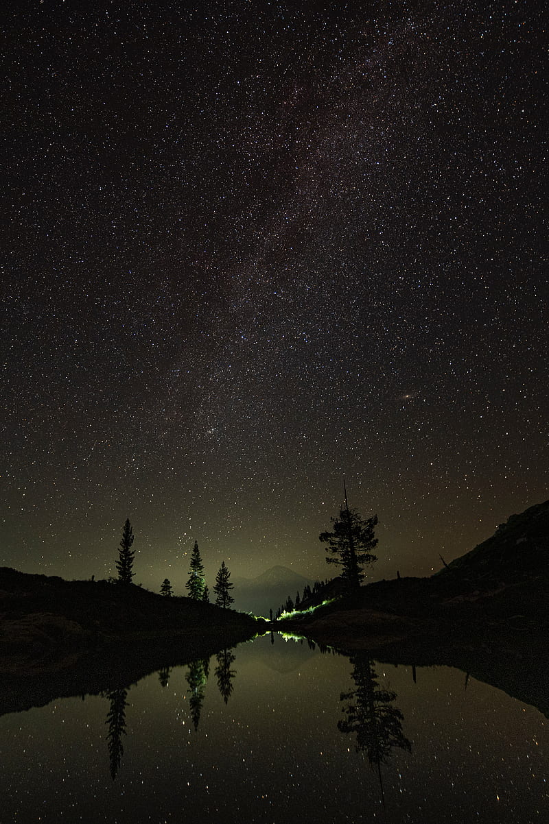 mountains, lake, starry sky, stars, reflection, night, HD phone wallpaper
