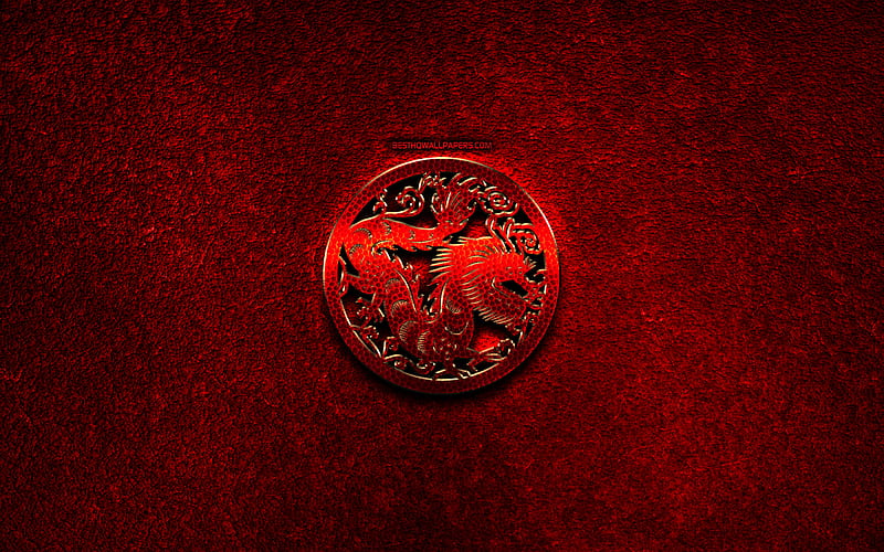 Dragon, Chinese zodiac, red metal signs, creative, Chinese calendar, Dragon zodiac sign, red stone background, Chinese Zodiac Signs, Dragon zodiac, HD wallpaper