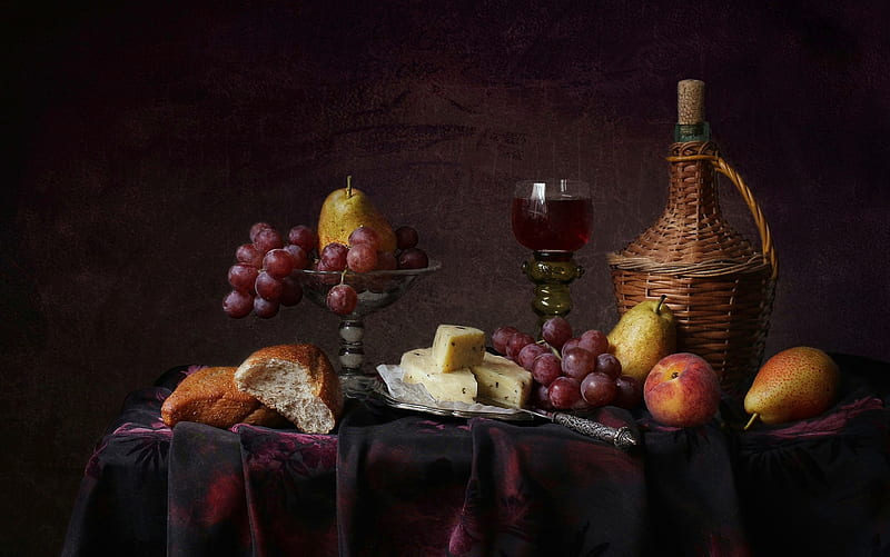 Food, Still Life, Bottle, Bread, Cheese, Fruit, Glass, Grapes, Peach, Pear, Wine, HD wallpaper