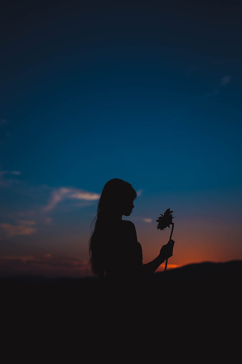 girl, silhouette, sunflower, flower, sunset, HD phone wallpaper