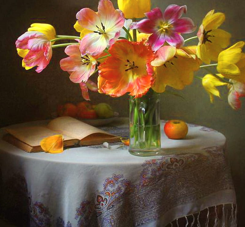 Full bloom, table, bloom, orange, flowers, yellow, tulips, light, HD wallpaper