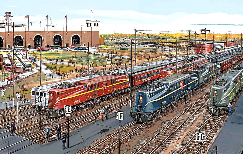 Pennsylvania Lineup, railroad, art, locomotive, bonito, illustration, artwork, train, engine, painting, wide screen, tracks, HD wallpaper