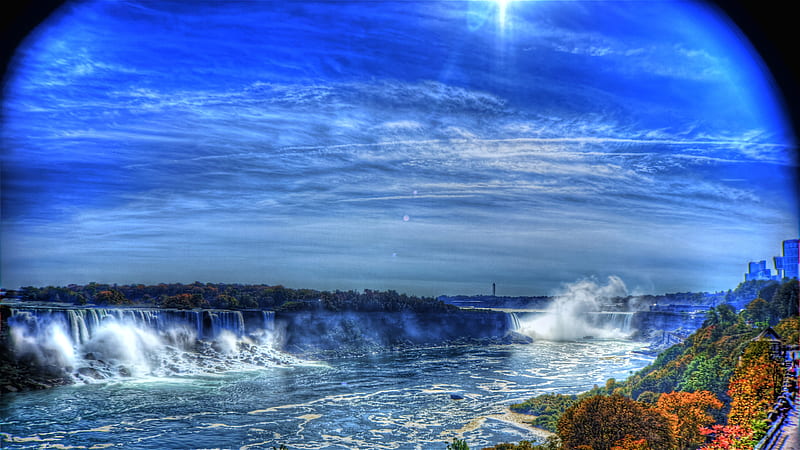 Niagara Falls, powerful, forceful, tourist trap, hot spot, honeymoon, bonito, wide lens, waterfall, r, blue sky, HD wallpaper
