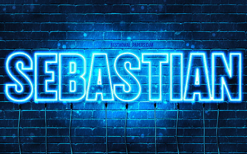 Sebastian with names, horizontal text, Sebastian name, blue neon lights, with Sebastian name, HD wallpaper