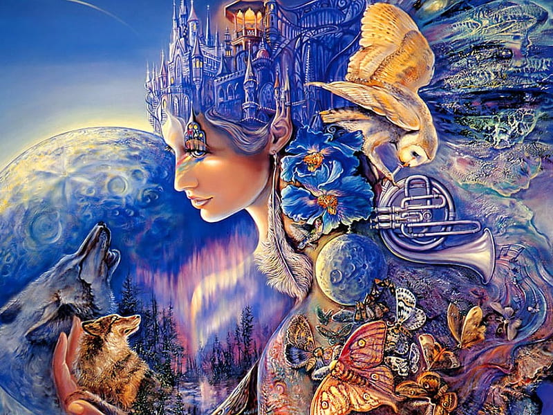 Once in a Blue Moon, artist, trees, josephine wall, fantasy, moon, butterfly, horn, wolves, castle, HD wallpaper