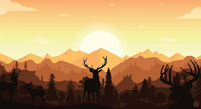 deer, horns, silhouette, mountains, art, HD wallpaper