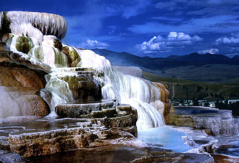 Mammoth Hot Springs, Yellowstone, cascades, water, sky, clouds, HD wallpaper