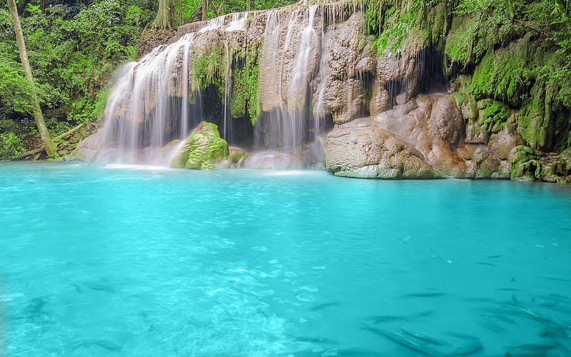 blue lake, waterfall, rainforest, Thailand, trees, blue water, HD wallpaper