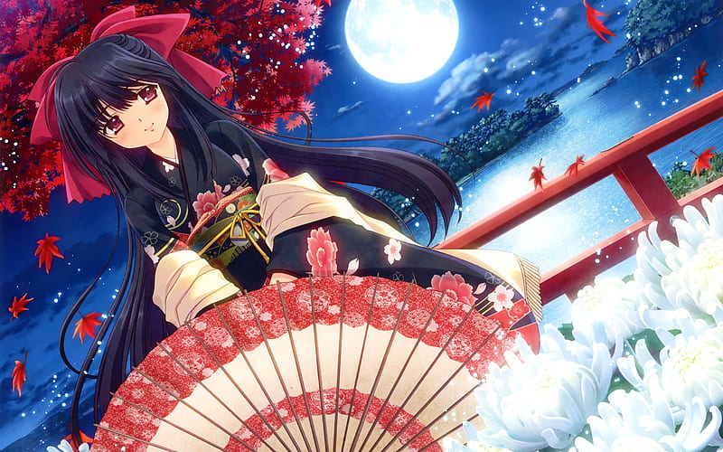 anime girl, kimono, moonlight, umbrella, autumn, leaves, scenery, Anime, HD wallpaper