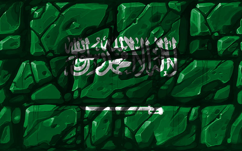 Saudi flag, brickwall Asian countries, national symbols, Flag of Saudi Arabia, creative, Saudi Arabia, Asia, Saudi Arabia 3D flag, HD wallpaper